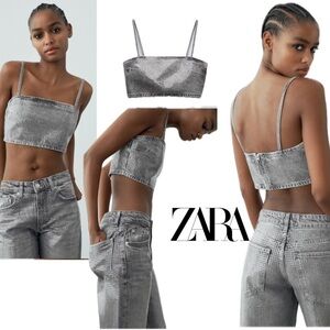 Zara TRF gray foil sequin embellished denim jean crop top sparkly Sz S NWOT